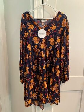 Navy Floral V-Neck Tunic Dress - Yellow Floral